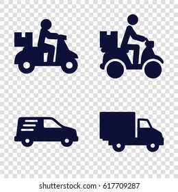 Courier icons set. set of 4 courier filled icons such as courier on motorcycle, delivery car