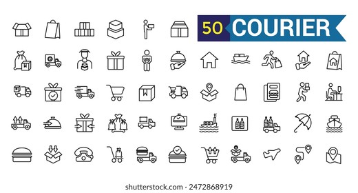 Kurier-Icons gesetzt. Umriss-Satz von Kurier-Vektor-Icons für UI-Design. Kollektion des Gliederungssymbols. Bearbeitbarer Strich.