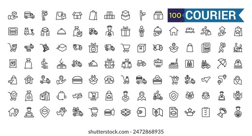 Kurier-Icons gesetzt. Umriss-Satz von Kurier-Vektor-Icons für UI-Design. Kollektion des Gliederungssymbols. Bearbeitbarer Strich.