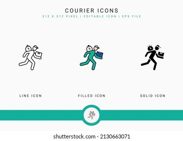 Los iconos de Courier establecen la ilustración vectorial con el estilo de línea de iconos sólidos. Concepto de entrega logística. Icono de trazo editable en fondo aislado para diseño web, interfaz de usuario y aplicación móvil