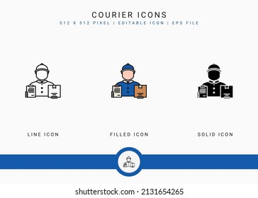 Kuriersymbole setzen Vektorgrafik mit fester Symbollinie. Logistisches Lieferkonzept. Bearbeitbares Strichsymbol auf isoliertem Hintergrund für Webdesign, Benutzeroberfläche und mobile App