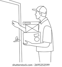 Mensajero llamando a la puerta con el paquete. Ilustración vectorial