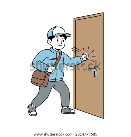 Courier knocking on wooden door with fist to deliver package, flat vector illustration isolated on white background.