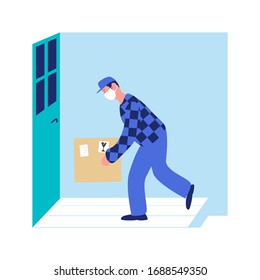 Courier leaving package in front of the door while quarantine. Courier with white medical mask. Vector illustration. Concept of delivery while coronavirus quarantine. EPS 10.