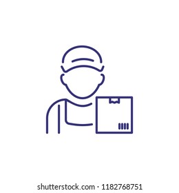 Courier line icon. Man in cap with parcel, box, package. Occupation concept. Can be used for topics like logistics, order delivery, customer service
