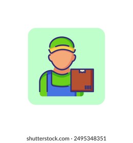 Icono de línea de mensajería. Hombre en la tapa con paquete, caja, paquete. Concepto de ocupación. Se puede utilizar para temas como logística, entrega de pedidos, Servicio al cliente