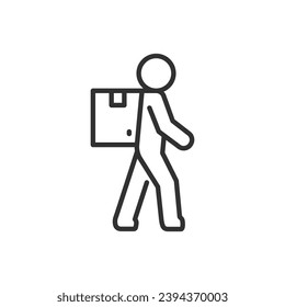 Courier, linear icon, parcel delivery man carrying parcel on back. Line with editable stroke