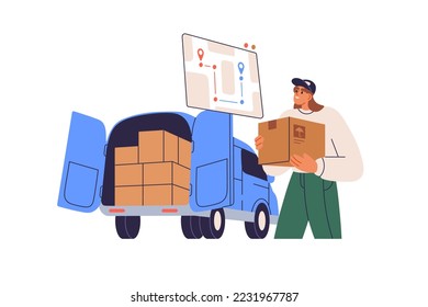 Courier loading cardboard boxes to vans trunk to deliver by auto transport. Carrier, delivery service, goods transportation, route concept. Flat vector illustration isolated on white background