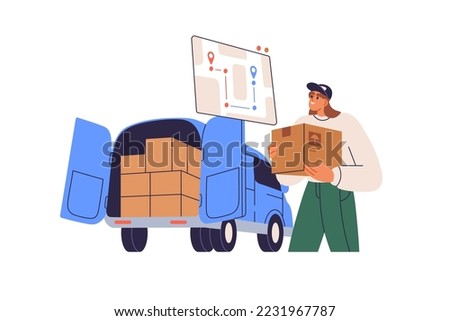 Courier loading cardboard boxes to vans trunk to deliver by auto transport. Carrier, delivery service, goods transportation, route concept. Flat vector illustration isolated on white background
