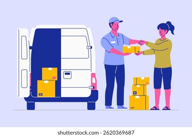 Courier logistics handing and parcel or package to customer during home delivery service