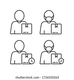 Iconos del logo de Courier Símbolo Vector plano , Un mensajero con una máscara médica protectora sostiene paquetes , Icono de entrega.