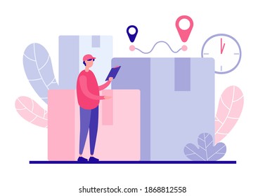 Courier looks delivery route concept. Male character with tablet calculates time and number of customer orders. Address landmarks labels and modern navigation for express logistics
