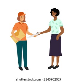 Courier Mail Delivery Service Concept. Courier Girl Hands Over Documents To Female Recipient Vector Illustration.