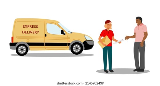 Courier mail delivery service concept. Courier girl hands over documents to recipient near delivery car vector illustration.