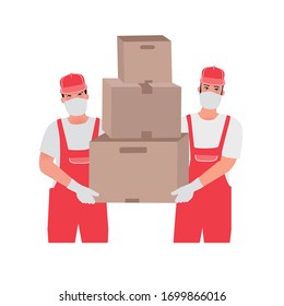 The courier makes the delivery of contactless. Safe shopping for coronavirus. Vector illustration