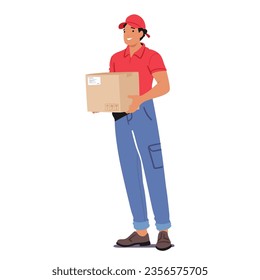 Courier Male Character Stands Poised, Holding A Parcel In Capable Hands. Ready To Deliver, The Determined Stance Signifies Swift And Reliable Service he Offers. Cartoon People Vector Illustration