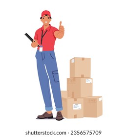 Courier Male Character With A Thumbs-up Gesture Holds A Clipboard with a Pile Of Parcels nearby, Ready To Deliver Packages Efficiently And With A Positive Attitude. Cartoon People Vector Illustration