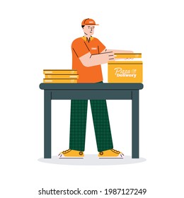Courier man assembling pizza delivery order into one box pack - cartoon pizzeria worker collecting stack of takeaway boxes at table. Isolated vector illustration.