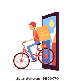 Courier man with backpack riding bicycle out of phone screen cartoon style, vector illustration isolated on white background. Online food order via mobile app, fast delivery