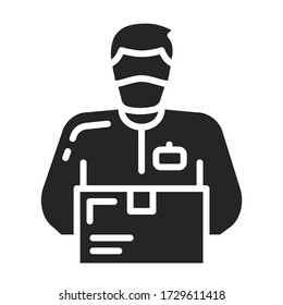 Courier man with box black glyph icon. Home delivery. Quarantine, Stay at home. Prevention epidemic. Pictogram for web page, mobile app, promo.