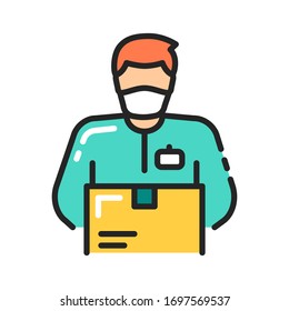 Courier man with box color line icon. Home delivery. Quarantine, Stay at home. Prevention epidemic. Pictogram for web page, mobile app, promo. Editable stroke.