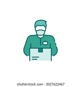 Courier man with box color line icon. Home delivery.