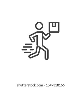Courier man with box line icon. linear style sign for mobile concept and web design. Express post delivery outline vector icon. Symbol, logo illustration. Vector graphics