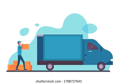 courier man bring the package to the delivery car illustration