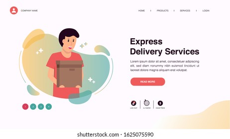 Courier man carry box delivery package. Web page design with business or finance concept for website and mobile website development. Website template design vector illustration.