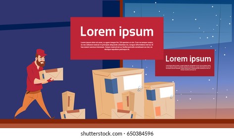 Courier Man Carry Box Delivery Package Post Service Banner Copy Space Flat Vector Illustration