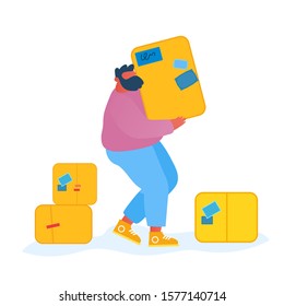 Courier Man Carry Parcel Boxes Isolated on White Background. Package Mail Delivery Service, Postage Transportation. Loader Bringing Packing in Post Office Warehouse. Cartoon Flat Vector Illustration