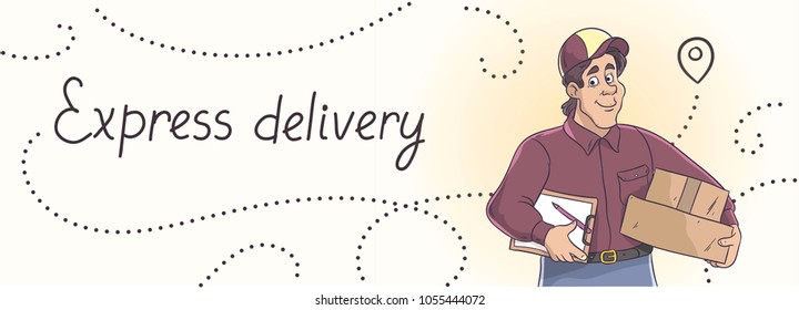 courier man carrying boxes on light background