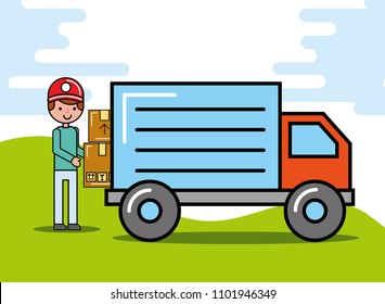 courier man carrying boxes truck logistic and delivery