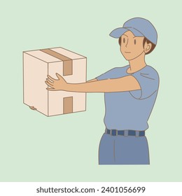 Courier man carrying cardboard box, delivering package. Delivery man holding package box. Hand drawn flat cartoon character vector illustration.