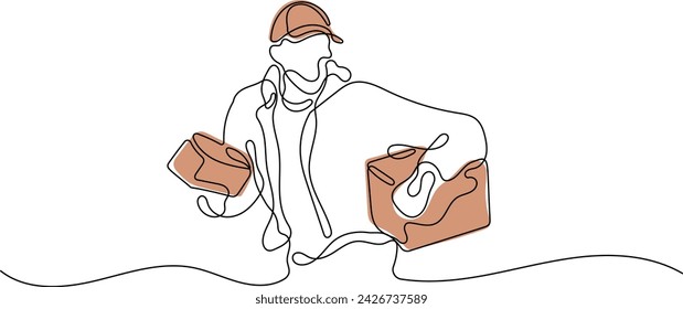 Courier Man Carrying Delivery Box Continuous Single Line Art
