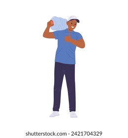 Courier man cartoon character in uniform delivering water bottle carrying gallon on shoulders