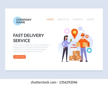 Courier man character bringing parcel box to woman consumer. Delivery commerce concept. Vector design graphic flat cartoon web page loading banner illustration