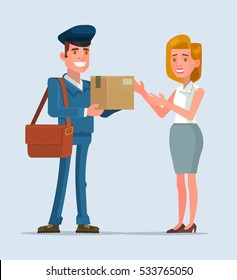 Courier man character brought parcel consumer. Vector flat cartoon illustration