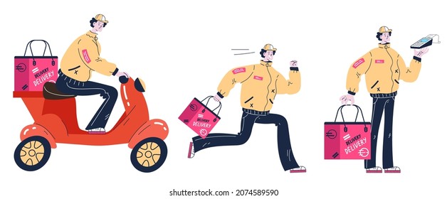 Courier man character running to deliver order. Delivery  design element isolated vector flat illustration set
