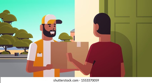 courier man delivering cardboard parcel box to african american guy recipient at home express delivery service concept horizontal portrait vector illustration