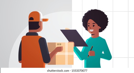courier man delivering cardboard parcel box to african american woman recipient express delivery service concept girl holding document to signing signature horizontal portrait vector illustration