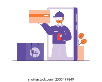 Courier man delivering food package to customer's home, buying online. Character design. Vector flat illustration