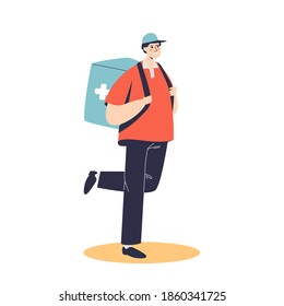 Courier man delivering medical drugs from drugstore. Ordering medicines and pharmacy delivery service concept. Cartoon flat vector illustration