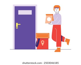 The courier man is delivering the medicine package in front of the customer house, keep your distance during the coronavirus. Character design. Vector flat illustration