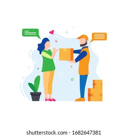 courier man delivering package. Girl receiving package from delivery courier. Vector Illustration for Web Page, mobile app, banner etc.