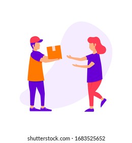 Courier man delivering package. Woman receving package. Vector illustration  