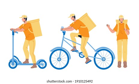Courier Man Delivery Service Worker Set Vector. Young Man Courier Delivering Order In Yellow Box Backpack On Foot, Bicycle And Scooter. Character In Uniform With Cardboard Flat Cartoon Illustrations