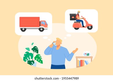 Courier man with facemask on motorcycle. Safe delivery during pandemic. Man talking on phone for tracking his online order, Flat style illustration. Truck and delivery man on scooter in closeup.