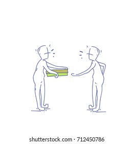 Courier Man Give Pizza Box To Receiver Food Delivery Service Doodle Vector Illustration