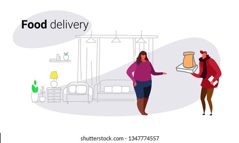 courier man giving paper bag to overweight woman customer fast food delivery service concept unhealthy lifestyle modern living room interior full length sketch doodle horizontal